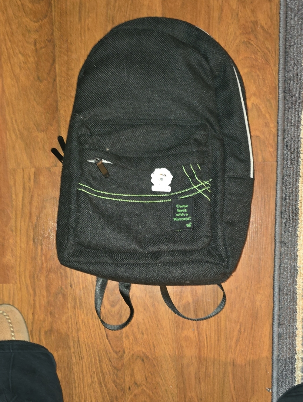 Men's Black Backpack with Green Stitch Accents